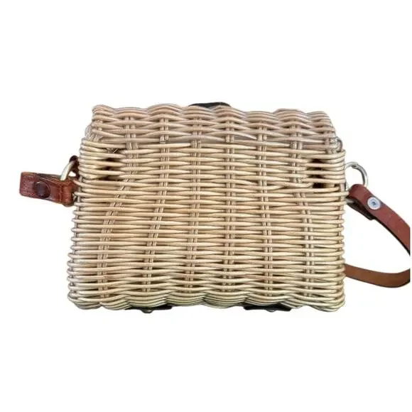 Vintage Wicker Purse Mini Summer Leather Strap Flip Top Twist Lock - Picture 3 of 16